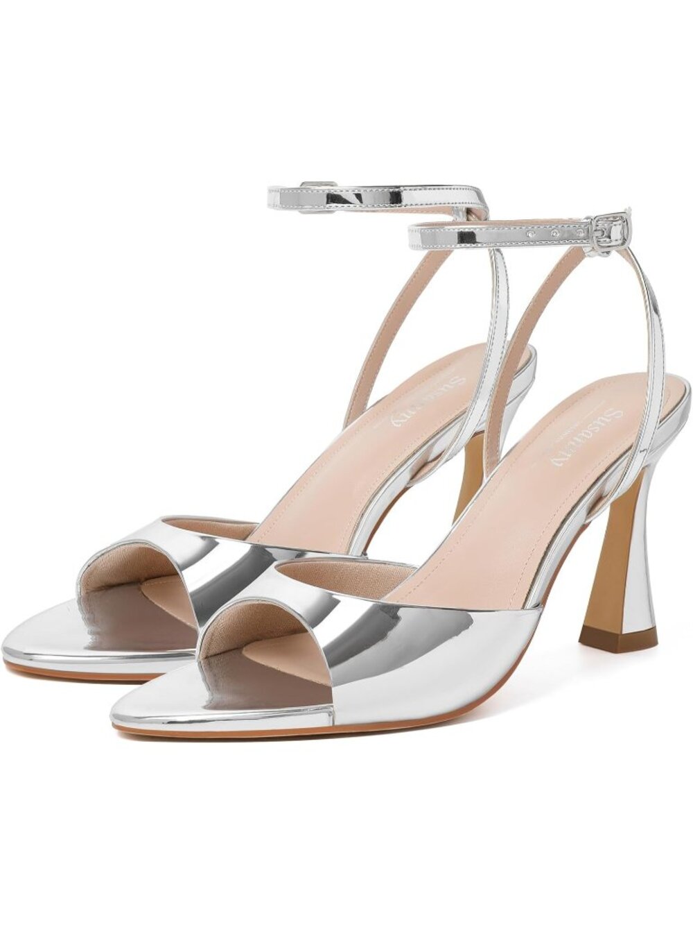 Women's Silver Pointed Open Toe Chunky Block Heel Ankle Strap Sandals